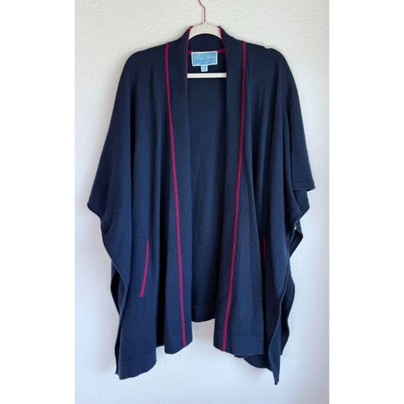 Draper James 100% Wool Cora Cape Open Cardigan in Nassau Navy & Maroon Red Trim - Picture 5 of 11